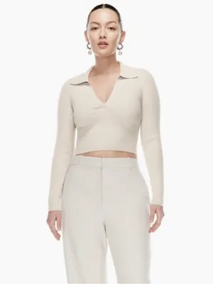 Aritzia Babaton Sculpt Knit Long Sleeve Polo Beige Taupe S thumbnail 4