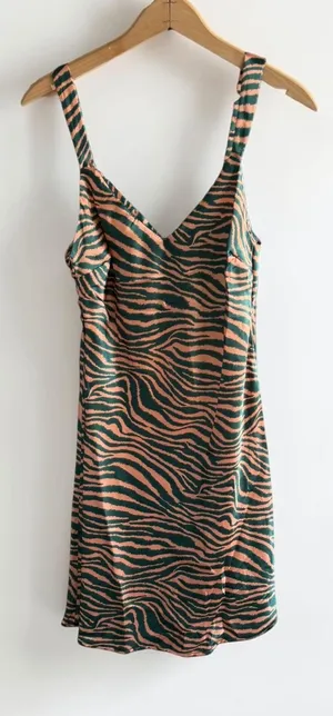 Audrey 3+1 Green Peach Tiger Print Satin Slip Mini Dress Large NWOT thumbnail 1