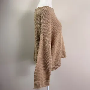 Aerie Womens Tan Cotton Textured‎ Open Stitch Boatneck Pullover Sweater Size M thumbnail 2