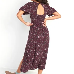 Old Navy Dress Purple Plum Floral Short Puff Sleeve Dress Midi Maxi Medium NEW thumbnail 6