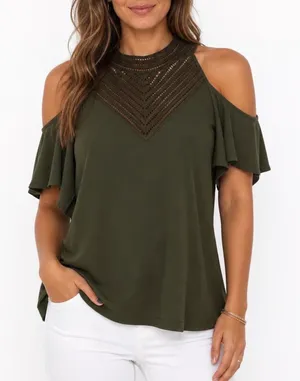 Perception Concept Olive Green Cold Shoulder Crochet Lace High Neck Top XL thumbnail 1
