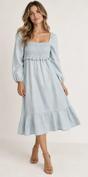 7 For All Mankind Linen Cotton Blend Long Sleeve Smocked Ruffle Dress Size S thumbnail 1