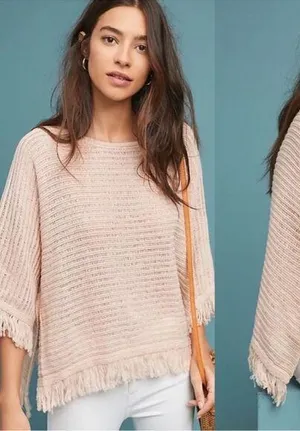 Anthropologie Akemi & Kin Frenchie Fringed Poncho Sweater Pink NEW Size Medium thumbnail 1