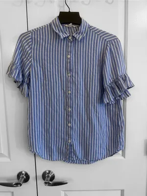 beachlunchlounge Blue and White Striped Button-Down Ruffle Sleeve Blouse thumbnail 2