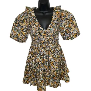 NWT Plunge Smocked Cotton Floral Mini Dress Yellow Black Blue XS thumbnail 1