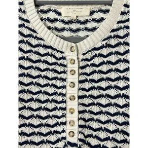 Sezane Mae Jumper Ecru Ocre Organic Cotton Chevron Pointelle Knit Henley Top M thumbnail 3