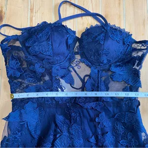 NWOT Navy Blue 3D Floral Appliqué Sheer Panel Gown Size Small thumbnail 6