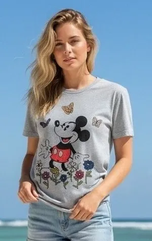 Disney Mickey Mouse Graphic Tee Grey Embroidered‎ Flowers Butterflies Women's XS thumbnail 1