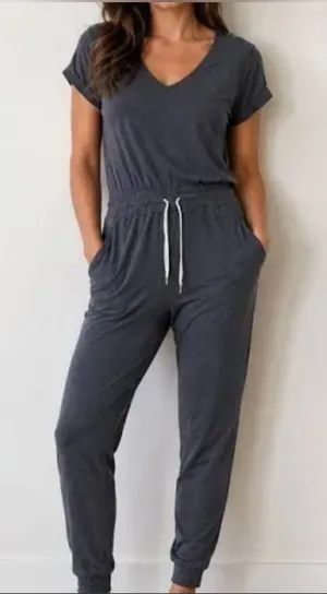 Vuori All Day Jumpsuit Charcoal Heather Gray Short Sleeve Jogger V-Neck Size M thumbnail 1