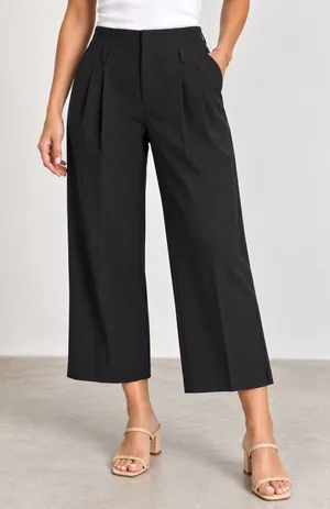 A New Day Black High-Rise Pleated Wide Leg Cropped Trousers Size 6 Stretch thumbnail 1