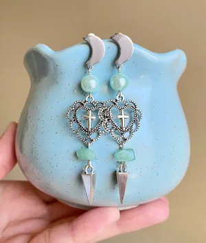 Handmade goth punk grunge fairy style heart cross & aventurine & glass pearls dangle earrings🌙🌹✝️ thumbnail 1