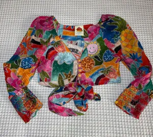 Farm Rio Anthropologie Women Cotton Crop Top Small Fruit Patchwork Tie Front thumbnail 1