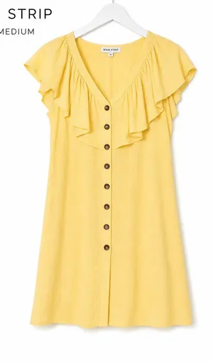 Main Strip Yellow Ruffle Mini Dress V Neck Button Front Women’s Medium thumbnail 1