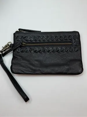Day & Mood Sting Clutch Wristlet Black Leather Woven Zip Pouch Bag thumbnail 2