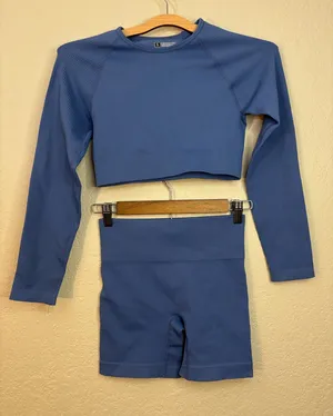 Blue Long Sleeve Ribbed Crop Top and Shorts Matching Set Size S thumbnail 1