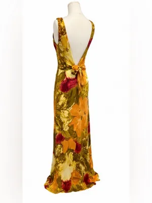 Vintage Y2K Regine Los Angeles Floral Open Back Crepe Maxi Dress Made in USA Med thumbnail 4