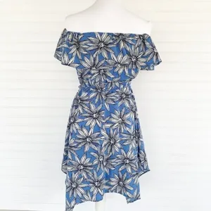 Charlotte Russe Dress XS Blue Floral Off Shoulder‎ Handkerchief Hem Tassel Belt thumbnail 3