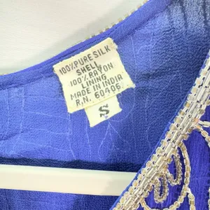 Vintage Royal Blue‎ Silk Beaded Blouse Silver Bugle Bead Scalloped Hem Top Small thumbnail 11