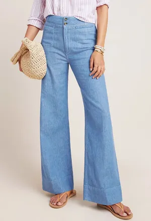 Pilcro Women High-Rise Wide-Leg Trouser Jeans 24P Boho Blue Cotton Linen Coastal thumbnail 1