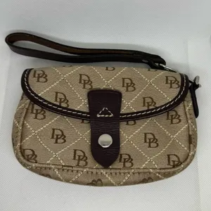 Dooney & Bourke Signature Logo Wristlet Wallet Brown Leather Canvas Flap thumbnail 6