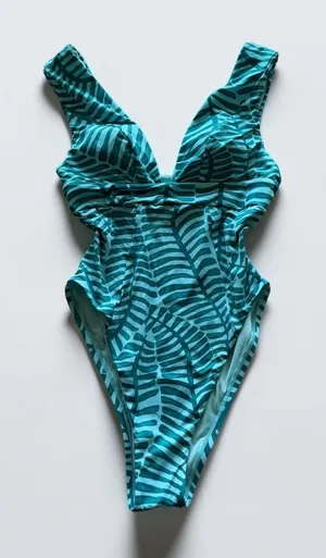 Vitamin A Sustainable‎ Swimwear Teal Palm Leaf One Piece Swimsuit Size S Cutout thumbnail 1