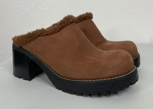 Rocket Dog Brown‎ Leather Faux Fur Lined Platform Clogs Mules Lug Sole 8.5M thumbnail 1
