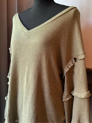 BTFBM Ruffled Sleeve V-Neck Knit Top — Olive large thumbnail 2