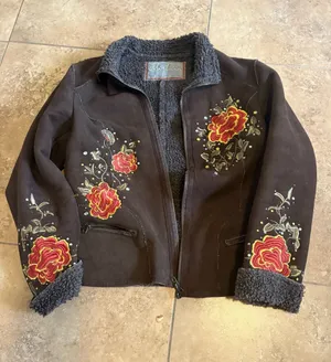 Embroidered Floral Shearling Jacket Brown thumbnail 1