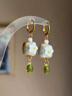 Handmade ceramic cute flower boho retro fairy dangle earrings 🌵🌺🌞💚 thumbnail 3
