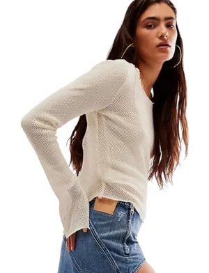 Free People Beau Ivory Mesh‎ Open Knit Long Sleeve Scoop Neck Top XS OB1647781 thumbnail 1