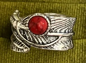 Boho/ Design Red Turquoise Silver Feather Wrap Wide Band Size 6 thumbnail 1