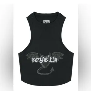 Boys Lie Tank Top One Size Black Bat Ribbed Crop Studded Gothic Y2K Streetwear thumbnail 2