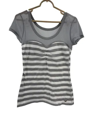 Hollister White Gray Striped mesh fitted Women’s Top rockabilly punk L going out thumbnail 1