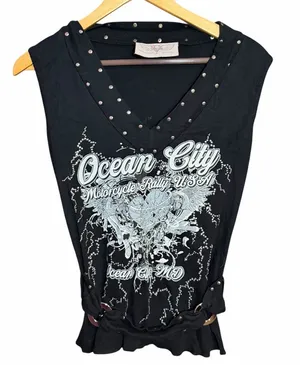 Y2K Studded Biker Graphic Tank Ocean City Motorcycle Rally Top Medium Bikercore thumbnail 1