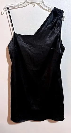 TOPSHOP Black One Shoulder Satin Slip Mini‎ Dress Size US 10 NWT thumbnail 1