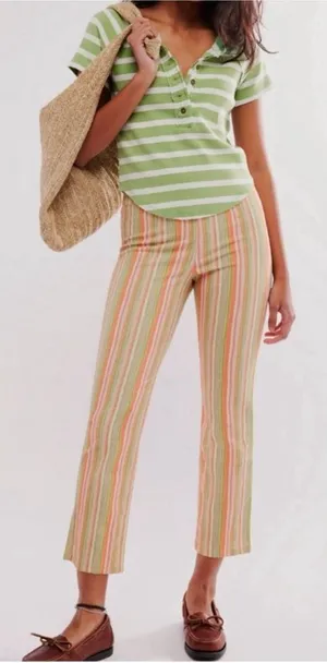 NWOT Free People In My Feelings Stripe Slim Flare Crop Pants - green combo - S thumbnail 1