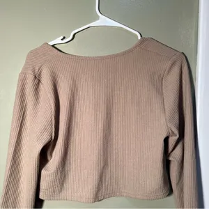 Divided H&M Women's Size Large Cropped Knit Top Cardigan Beige Ribbed Tie Front‎ thumbnail 7