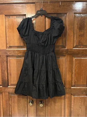 Princess Polly Black Mini Dress Size 10 Milkmaid Smocked Puff‎ Sleeve Tiered thumbnail 5