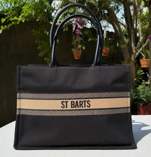 ST BARTS Black Canvas Tote Bag Beige Stripe Resort Beach Handbag thumbnail 1