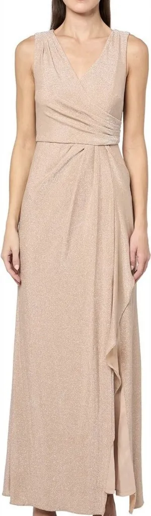 Papell Studio Metallic Draped Knit Dress Gown V-Neck NWT US 12 Beige Biscotti thumbnail 1
