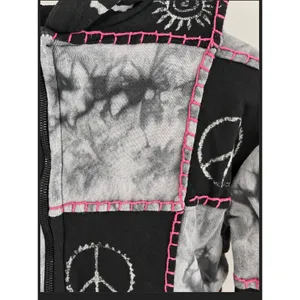 Nepal 100% Cotton Patchwork Tie Dye Peace Sign Zip Up Hoodie Black Pink Sz L/XL thumbnail 4
