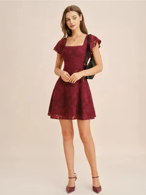 Rihoas Wine Red Square Neck Jacquard Mini Dress thumbnail 4