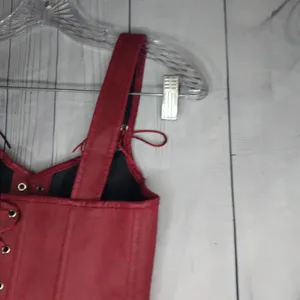 Charmian Renisssnce Red Faux Leather With Boning Corset Top with Zipper And Lace thumbnail 8