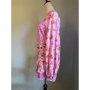 For Love Bell Pink fancy Floral Ruched Mini Dress Long Sleeve Ruffle L dainty y2 thumbnail 4