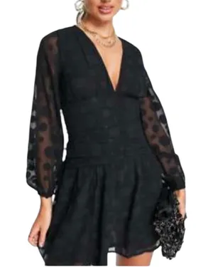ASOS Black Sheer Dot Dress Vneck Mini 6 S Cocktail LBD thumbnail 1