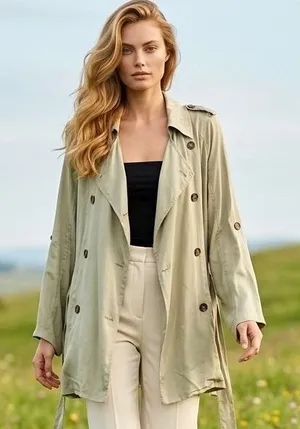 PNLP Sage Green Double Breasted Tie Waist Roll‎ Tab Sleeve Trench Lightweight thumbnail 1
