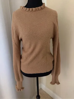 DOEN Alpaca Wool Blend Ruffle Trim Sweater Camel Puff Sleeve Knit Small thumbnail 2