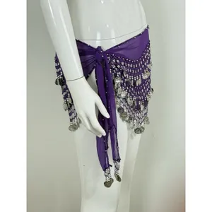 Belly Dance Hip Scarf Coin Belt Purple Chiffon Gold Coins Festival Costume thumbnail 3
