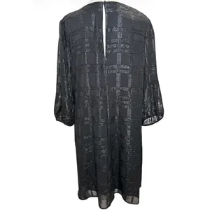 Calvin Klein Metallic Windowpane Trapeze Dress | Black | Size 16 | Sheer Sleeve thumbnail 7