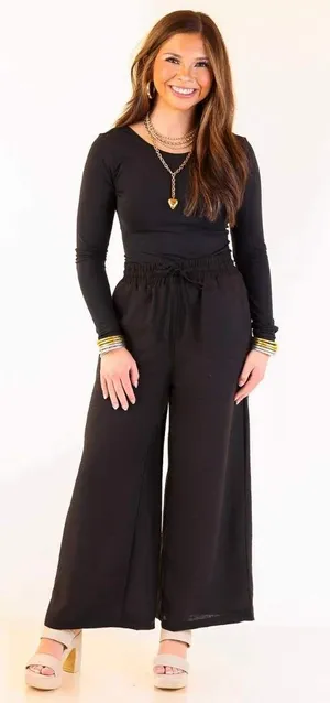 Flowy Medium Wide Leg Pants Black Paperbag Waist Drawstring Palazzo Minimalist thumbnail 1